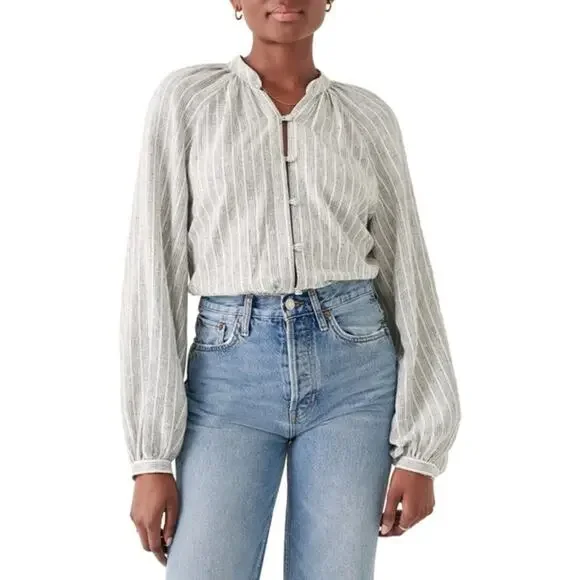 Faherty Naomi Grey Striped Long Sleeves Button Down Linen Blend Shirt Size Small - Picture 2 of 10
